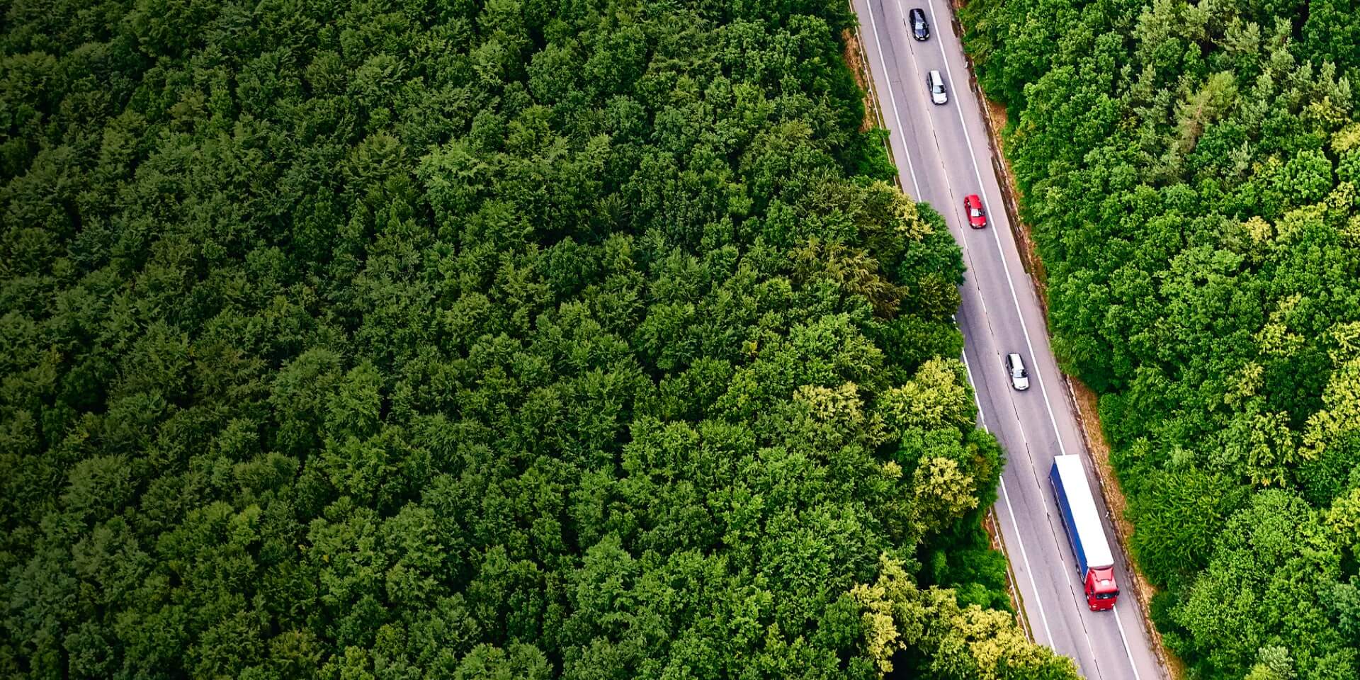 Fuel truck on highway surrounded by forest